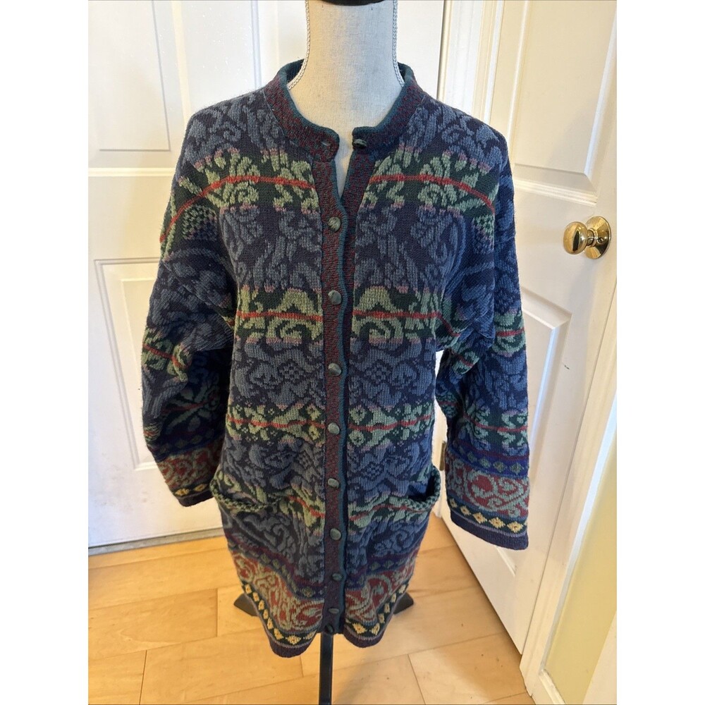 ENGLISH WEARABLE ART Maggie White Printed Blue Long Cardigan Size L